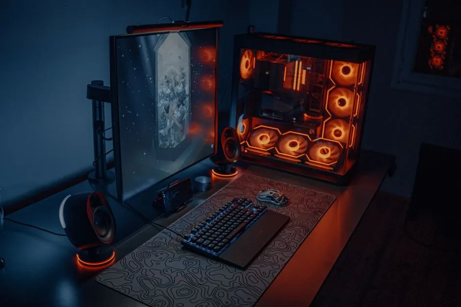 RGB-lit gaming desk setup with a mouse and keyboard, illustrating the kind of desktop a custom cursor pack is made for